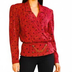 Vintage 90s Red Black Geometric Print Blouse | Shoulder Pads Gold Chain Retro L